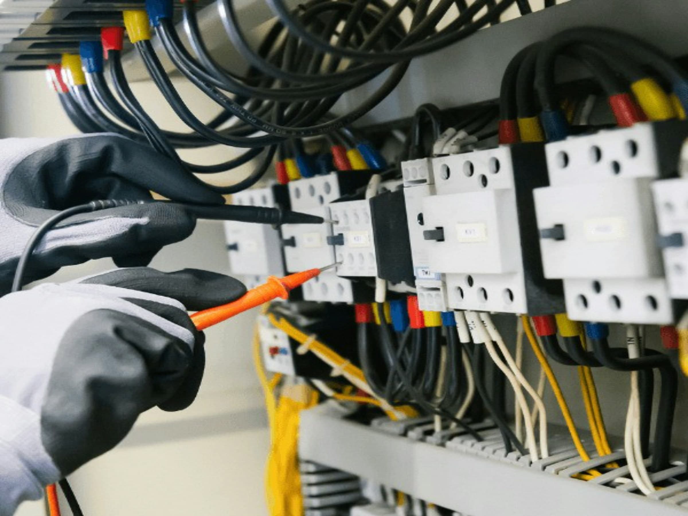 Elektricien met helm en handschoenen werkt aan een meter- en schakelkast